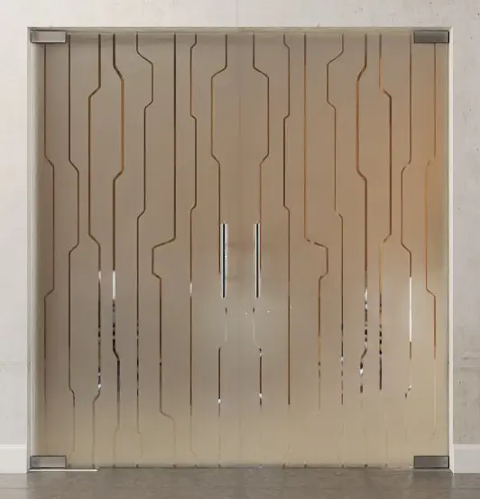 Zdjęcie 2-skrzydłowych szklanych drzwi wahadłowych z motywem Curves, przezroczyste, DORMA Mundus BTS wariant 4 - Erkelenz.