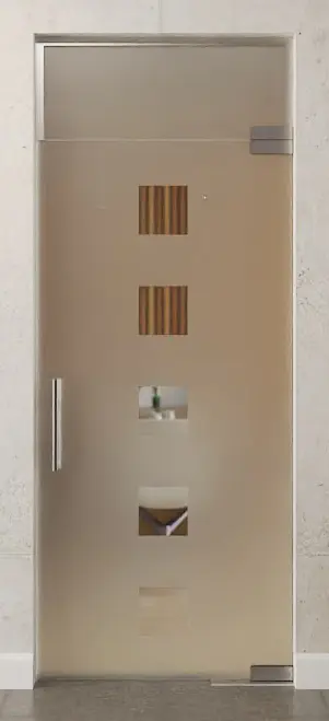 Zdjęcie szklanych drzwi wahadłowych z motywem Cinque, przezroczyste, z naświetlem DORMA Mundus BTS Wariant 7 - Erkelenz