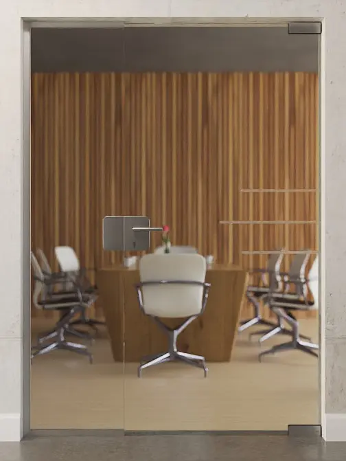 Zdjęcie drzwi całoszklanych z matowym motywem Bahia i stałym elementem bocznym DORMA Mundus wariant 1 - Erkelenz