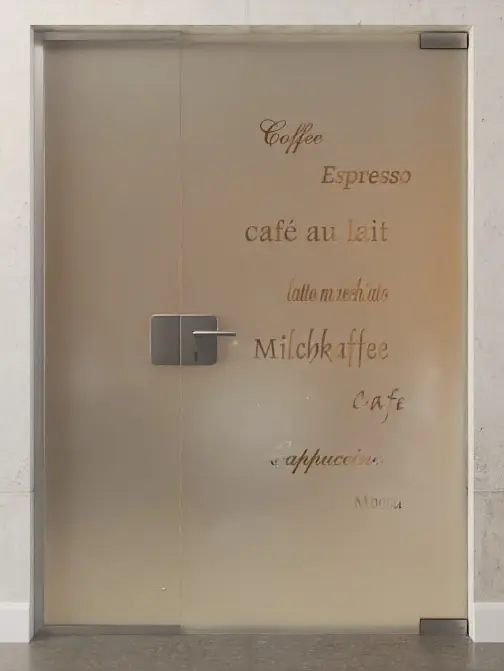 Zdjęcie drzwi całoszklanych z przezroczystym motywem Cafe 2 i stałym elementem bocznym DORMA Mundus wariant 1 - Erkelenz