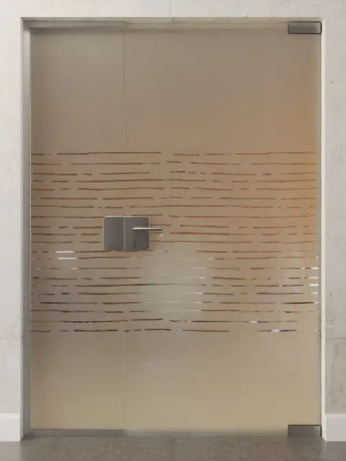 Zdjęcie drzwi całoszklanych z przezroczystym motywem Morse i stałym elementem bocznym DORMA Mundus wariant 1 - Erkelenz