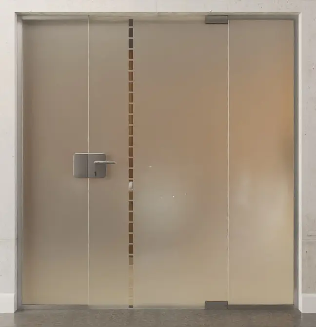 Zdjęcie drzwi całoszklanych Algo z motywem przezroczystym i dwoma stałymi elementami bocznymi DORMA Mundus wariant 2 - Erkelenz