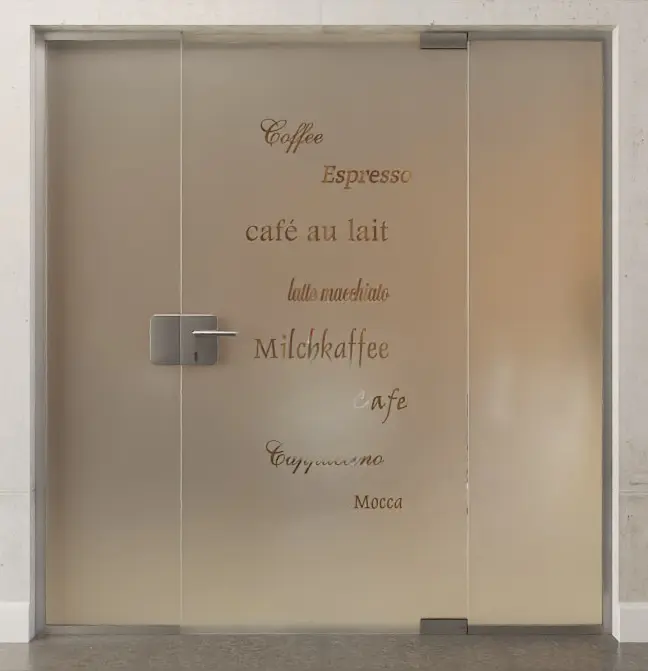 Zdjęcie drzwi całoszklanych z motywem Cafe 2, szkło przezroczyste, z dwoma stałymi elementami bocznymi DORMA Mundus wariant 2 - Erkelenz