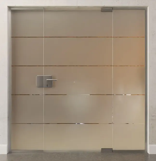 Zdjęcie przezroczystych drzwi całoszklanych z motywem Prime i dwoma stałymi elementami bocznymi DORMA Mundus wariant 2 - Erkelenz