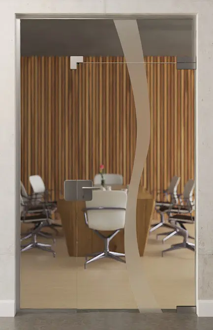 Zdjęcie drzwi całoszklanych Bergamo z motywem matowym, stałym elementem bocznym i naświetlem DORMA Mundus wariant 6 - Erkelenz