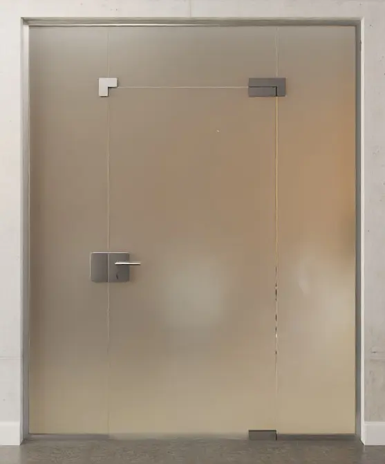 Zdjęcie całopowierzchniowo matowych drzwi całoszklanych z dwoma stałymi elementami bocznymi i naświetlem DORMA Mundus wariant 7 - Erkelenz.