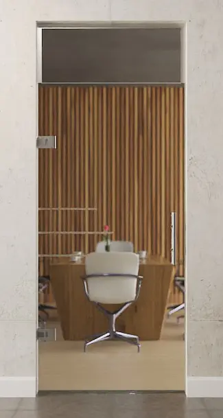 Zdjęcie drzwi wahadłowych szklanych z matowym motywem Bahia i naświetlem DORMA Tensor wariant 1 - Erkelenz