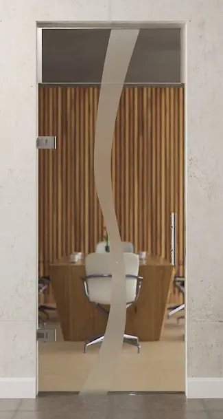 Zdjęcie drzwi wahadłowych szklanych z motywem Bergamo matowy i naświetlem DORMA Tensor Wariant 1 - Erkelenz.