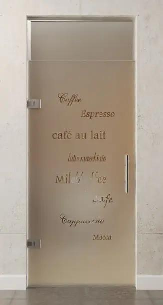 Zdjęcie drzwi wahadłowe szklane z motywem Cafe 2 przezroczyste z nadświetlem DORMA Tensor Wariant 1 - Erkelenz