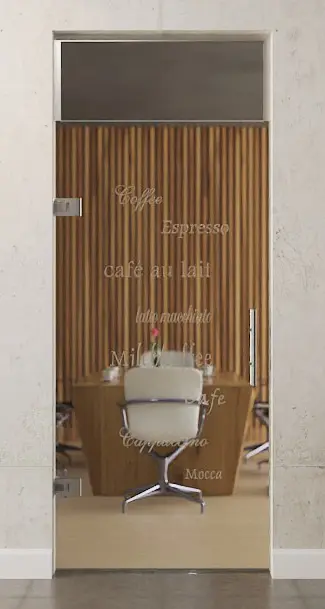 Zdjęcie szklanych drzwi wahadłowych z matowym motywem Cafe 2 i naświetlem DORMA Tensor wariant 1 - Erkelenz