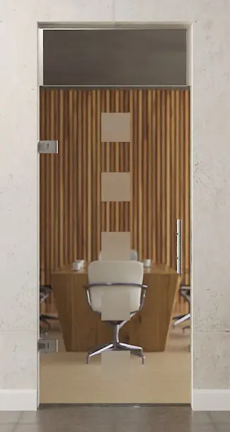 Zdjęcie szklanych drzwi wahadłowych z motywem Cinque matowy i naświetlem DORMA Tensor wariant 1 - Erkelenz