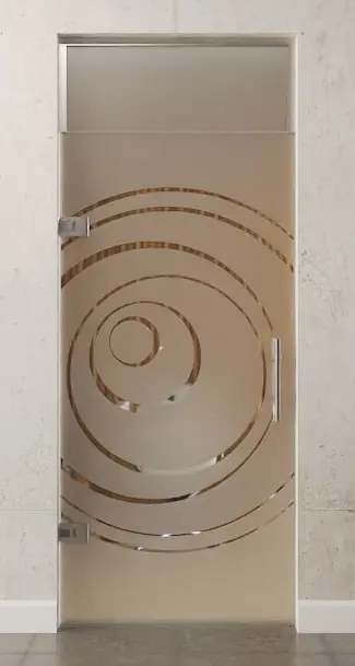 Zdjęcie szklanych drzwi wahadłowych z motywem Lira, szkło przezroczyste, z naświetlem DORMA Tensor wariant 1 - Erkelenz