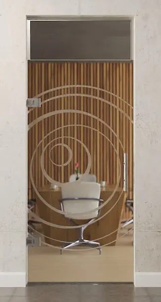 Zdjęcie szklanych drzwi wahadłowych z motywem Lira matowy z naświetlem DORMA Tensor wariant 1 - Erkelenz