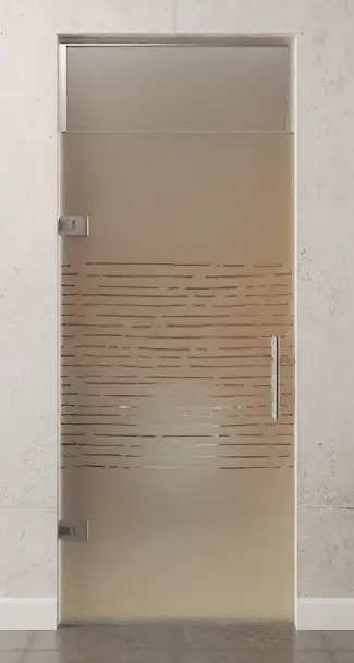 Zdjęcie drzwi wahadłowych szklanych z motywem Morse, przezroczyste, z naświetlem DORMA Tensor wariant 1 - Erkelenz