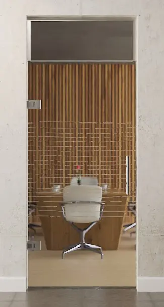 Zdjęcie szklanych drzwi wahadłowych z motywem Morse matowy i naświetlem, DORMA Tensor wariant 1 - Erkelenz.