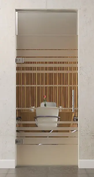 Zdjęcie szklanych drzwi wahadłowych z naświetlem, motyw Selina przezroczysty, DORMA Tensor wariant 1 - Erkelenz