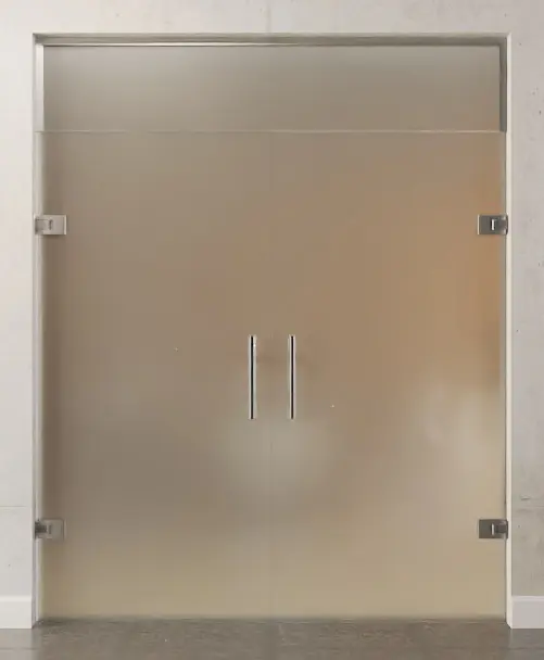 Zdjęcie całopowierzchniowo matowych 2-skrzydłowych drzwi wahadłowych szklanych z naświetlem DORMA Tensor wariant 2 - Erkelenz