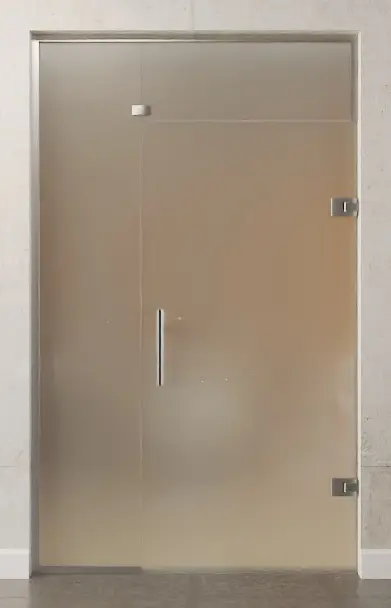 Zdjęcie całopowierzchniowo matowych szklanych drzwi wahadłowych z elementem bocznym i naświetlem DORMA Tensor wariant 3 - Erkelenz