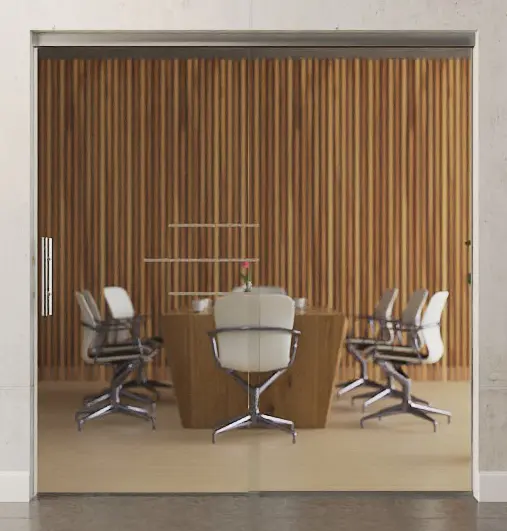 Zdjęcie matowych szklanych drzwi przesuwnych z motywem Bahia i stałym elementem bocznym Sigma Flexible wariant 1 - Erkelenz