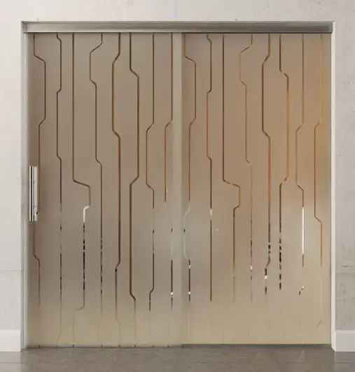 Zdjęcie przezroczystych drzwi przesuwnych szklanych z motywem Curves i stałym elementem bocznym Sigma Flexible wariant 1 - Erkelenz