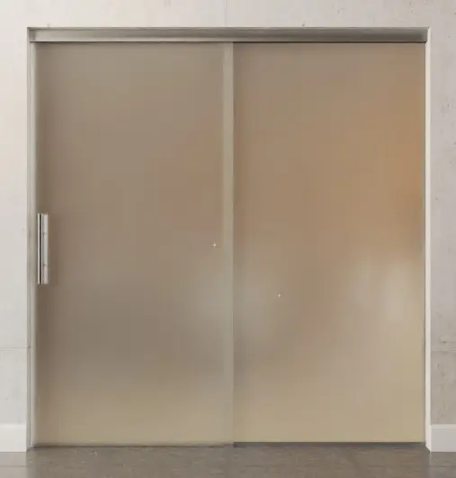 Widok frontowy 1 całopowierzchniowo matowych szklanych drzwi przesuwnych ze stałym elementem bocznym Sigma Flexible wariant 1 - Erkelenz