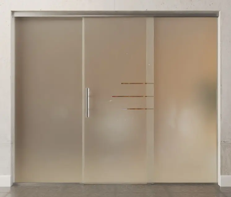 Zdjęcie przezroczystych drzwi przesuwnych szklanych z motywem Bahia z dwoma stałymi elementami bocznymi Sigma Flexible Wariant 2 - Erkelenz