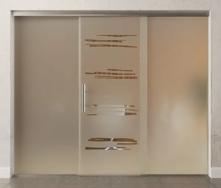 Zdjęcie drzwi przesuwnych szklanych z motywem Bukarest przezroczysty z dwoma stałymi elementami bocznymi Sigma Flexible Wariant 2 - Erkelenz