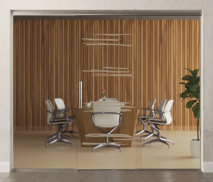 Zdjęcie szklanych drzwi przesuwnych z motywem Bukarest matowy z dwoma stałymi elementami bocznymi Sigma Flexible Wariant 2 - Erkelenz