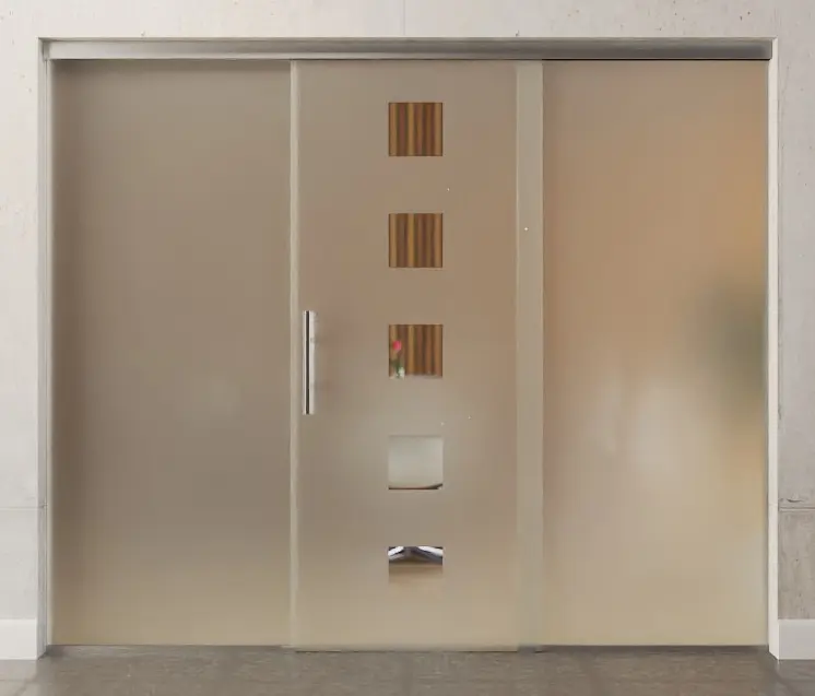 Zdjęcie przezroczystych szklanych drzwi przesuwnych z motywem Cinque z dwoma stałymi elementami bocznymi Sigma Flexible wariant 2 - Erkelenz