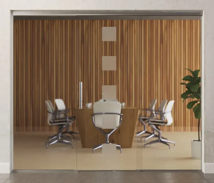 Zdjęcie szklanych drzwi przesuwnych z matowym motywem Cinque i dwoma stałymi elementami bocznymi Sigma Flexible Wariant 2 - Erkelenz