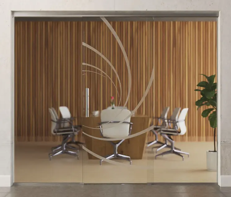 Zdjęcie drzwi przesuwnych szklanych z motywem Cristall matowy z dwoma stałymi elementami bocznymi Sigma Flexible wariant 2 - Erkelenz