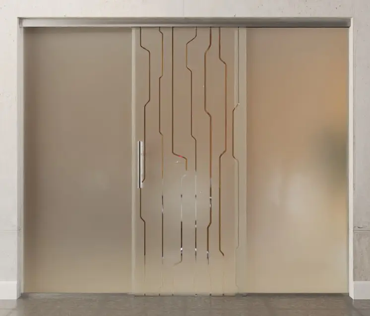 Zdjęcie przezroczystych szklanych drzwi przesuwnych z motywem Curves i dwoma stałymi elementami bocznymi Sigma Flexible Wariant 2 - Erkelenz