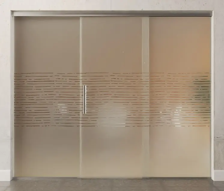 Zdjęcie przezroczystych drzwi przesuwnych szklanych z motywem Morse i dwoma stałymi elementami bocznymi Sigma Flexible Wariant 2 - Erkelenz