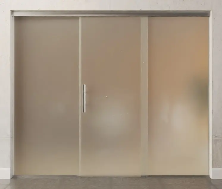 Zdjęcie całopowierzchniowo matowych szklanych drzwi przesuwnych z dwoma stałymi elementami bocznymi Sigma Flexible wariant 2 - Erkelenz