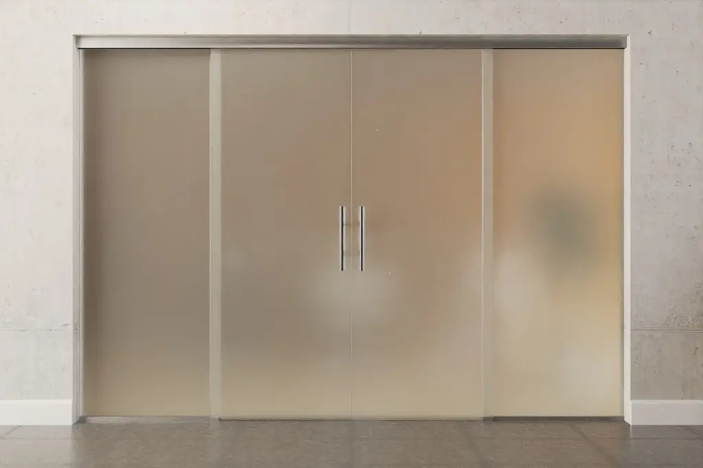 Widok frontowy całopowierzchniowo matowych 2-skrzydłowych szklanych drzwi przesuwnych z dwoma stałymi elementami bocznymi Sigma Flexible Variante 3 - Erkelenz