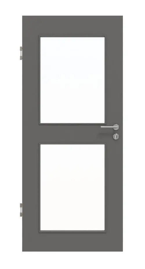 Widok frontowy drzwi wewnętrznych Hygge marki Huga, szary RAL 7037, lakier Basic z przeszkleniem LA-12