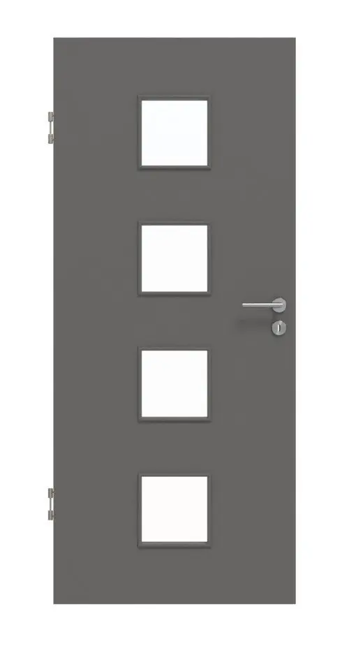 Widok frontowy drzwi wewnętrznych Huga Hygge szary RAL 7037 Duradecor Basic z przeszkleniem LA 14