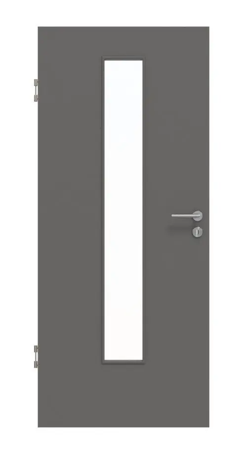 Widok frontowy drzwi wewnętrznych Hygge marki Huga, lakier Basic szary RAL 7037, z przeszkleniem LA-24 na środku.