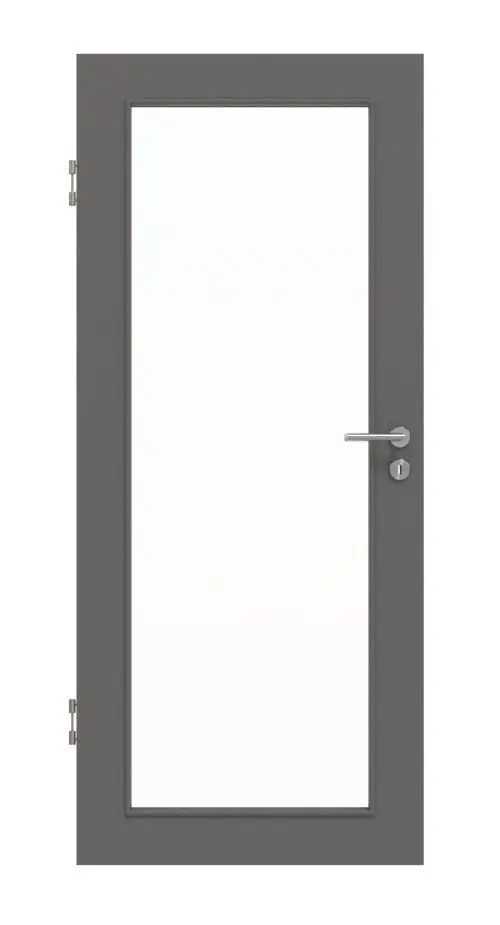Widok frontowy marki Huga drzwi wewnętrzne Hygge szary RAL 7037 lakier Basic z przeszkleniem LA-27