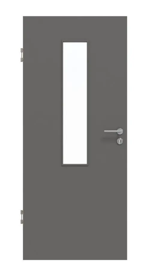 Widok frontowy marki Huga drzwi wewnętrzne Hygge szary RAL 7037 lakierowane Basic z przeszkleniem LA-4 na środku