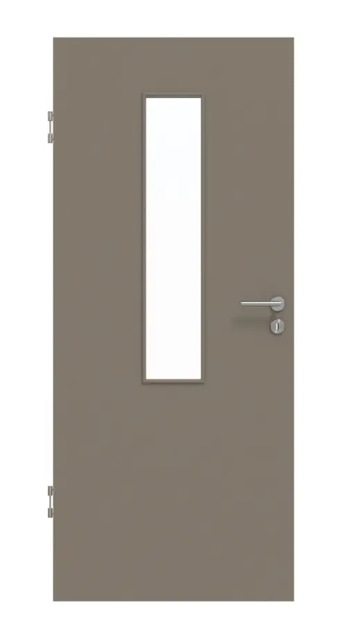 Widok frontowy drzwi wewnętrznych w kolorze taupe (kolor ciemnoszaro-brązowy) RAL 7048, 4 LA na środku, lakier matowy Basic - Huga
