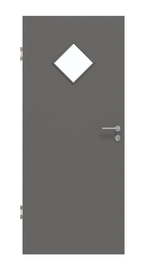 Widok frontowy marki Huga drzwi wewnętrzne Hygge szary RAL 7037 Duradecor Basic z przeszkleniem LA 6 romb