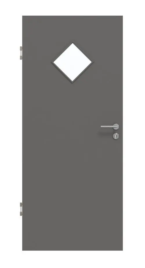 Widok frontowy drzwi wewnętrznych Huga Hygge szary RAL 7037 lakier Basic z przeszkleniem LA-6 romb