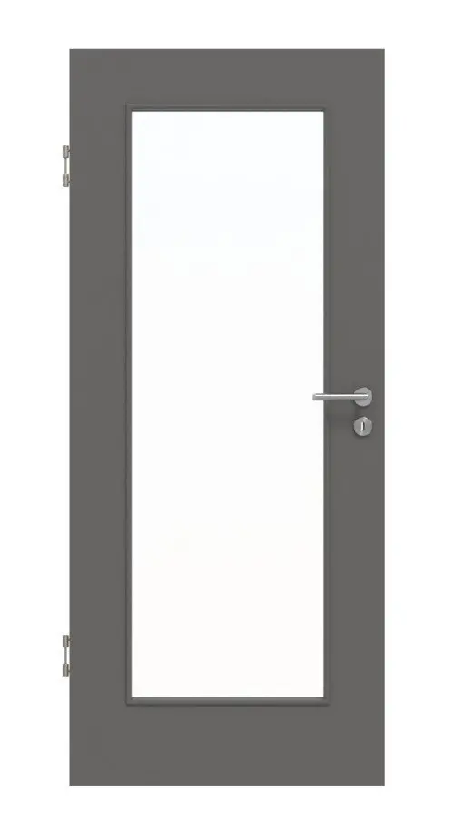 Widok frontowy drzwi wewnętrznych Huga Hygge szary RAL 7037 lakier Basic z przeszkleniem LA-8