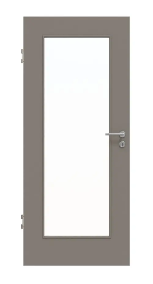 Widok frontowy lakierowanych drzwi wewnętrznych Basic LA 8 w kolorze taupe (kolor ciemnoszaro-brązowy) RAL 7048 - Huga