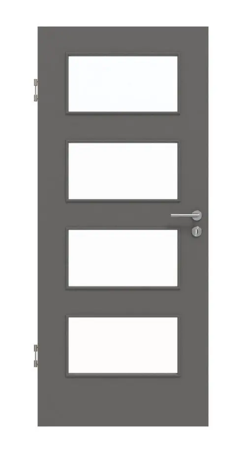 Widok frontowy drzwi wewnętrznych Hygge marki Huga, szary RAL 7037, lakierowane Basic z przeszkleniem LA-9.