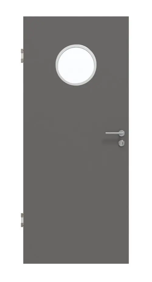 Widok frontowy Huga drzwi wewnętrzne Hygge szary RAL 7037 lakier Basic z przeszkleniem LA bulaj