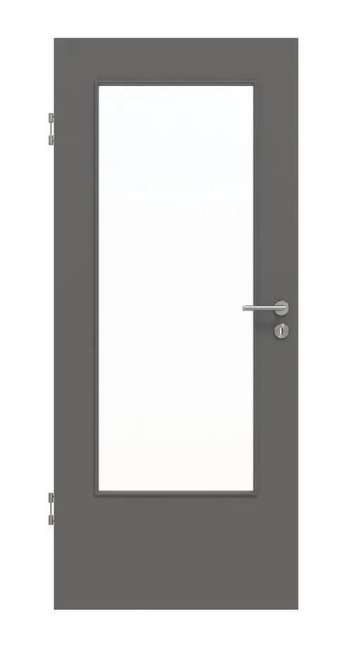 Widok frontowy marki Huga drzwi wewnętrzne Hygge szary RAL 7037 Duradecor Basic z przeszkleniem LA-DIN