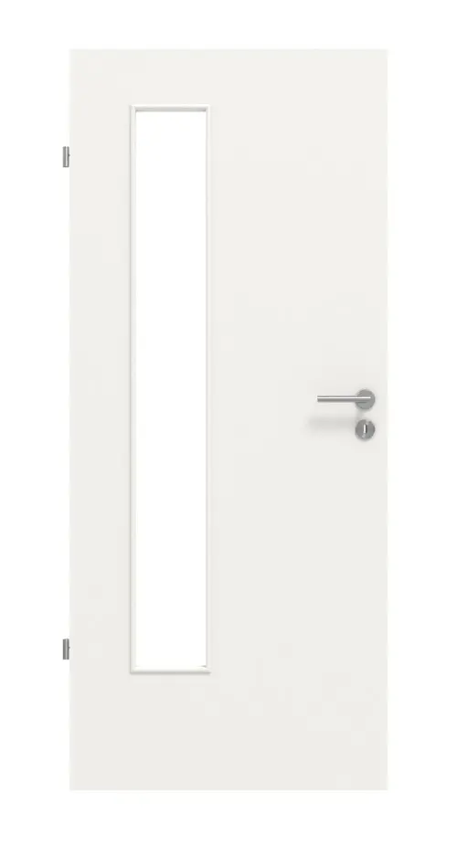 Widok frontowy białych lakierowanych drzwi wewnętrznych Basic podobnych do RAL 9016 LA 24 po stronie zawiasów - Huga