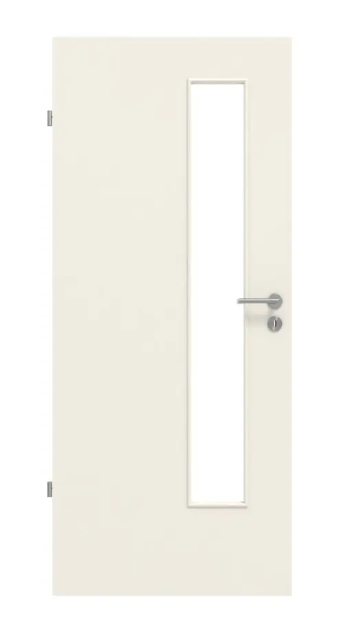 Widok frontowy białych drzwi wewnętrznych Basic lakier, podobny do RAL 9010, LA 24 od strony zamka - Huga